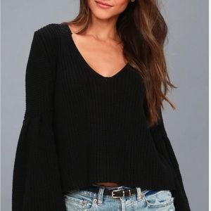 Free People Women’s- Damsel Cable Knit Sweater Pullover In Black W/Bell Sleeve